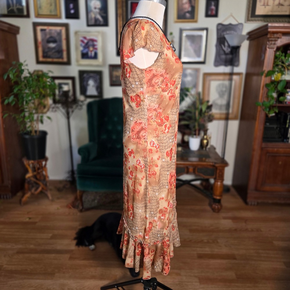 Vintage 90s DBY Floral Print V-Neck Ruffle Hem Midi Dress Orange Tan Womens - Picture 4 of 7